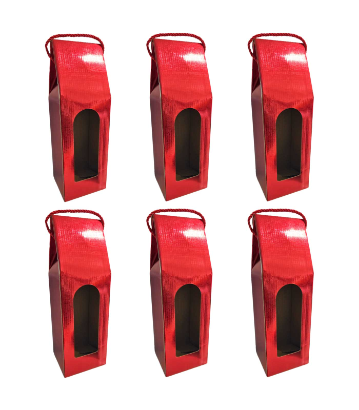 Tradineur - Pack de 6 cajas plegables de cartón para botella de vino, incluye asa de cuerda, guardar, regalar, envolver champán, Navidad (Rojo brillo - 36 x 12,5 x 8,5 cm)