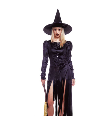 Tradineur - Disfraz de bruja negra para mujer, poliéster, incluye vestido y sombrero, carnaval, Halloween, cosplay (Adulto, Talla S)