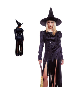 Tradineur - Disfraz de bruja negra para mujer, fibra sintética, incluye vestido y sombrero, carnaval, Halloween, cosplay (Adulto, Talla M)