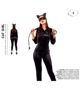 Tradineur - Disfraz de cat girl para adulto, catwoman, poliéster, incluye mono, diadema y antifaz, atuendo de carnaval, Halloween, cosplay (Mujer, Talla S)