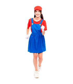 Tradineur - Disfraz de fontanera roja para adulto, poliéster, incluye gorro, camiseta y peto, atuendo de carnaval, Halloween, cosplay (Mujer, Talla S)