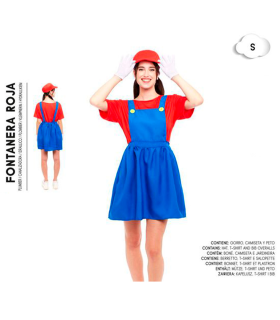 Tradineur - Disfraz de fontanera roja para adulto, poliéster, incluye gorro, camiseta y peto, atuendo de carnaval, Halloween, cosplay (Mujer, Talla S)