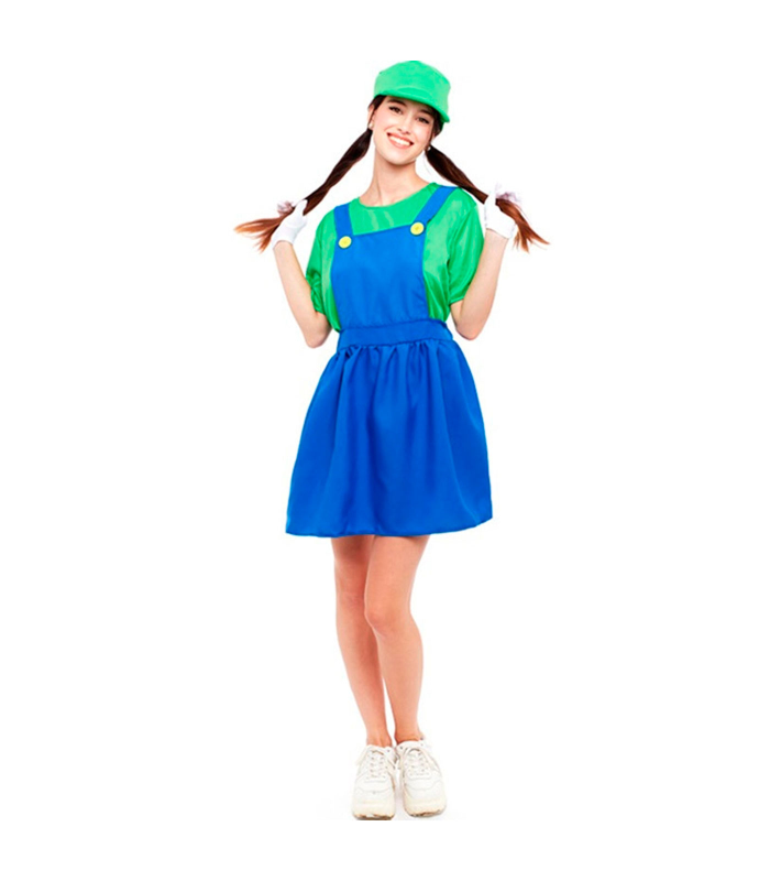 Tradineur - Disfraz de fontanera verde para adulto, poliéster, incluye gorro, camiseta y peto, atuendo de carnaval, Halloween, cosplay (Mujer, Talla S)