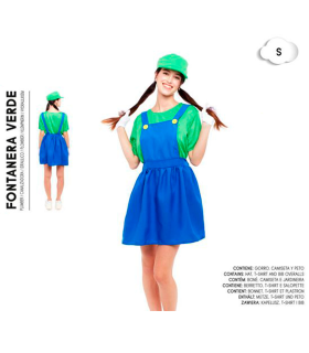 Tradineur - Disfraz de fontanera verde para adulto, poliéster, incluye gorro, camiseta y peto, atuendo de carnaval, Halloween, cosplay (Mujer, Talla S)