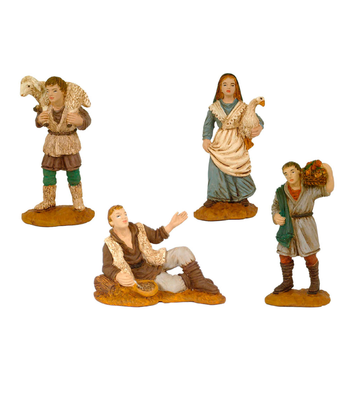 Tradineur - Set de 4 figuras de campesinos para belén navideño 8 cm, durexina, figuras decorativas nacimiento, pesebre, navidad, decoración tradicional