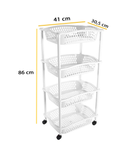 Tradineur - Carrito Verdulero con ruedas - Modelo HG - Fabricado en Plástico - Multiusos para organizar los Espacios domésticos - 4 Cestas - 90 x 41 x 30 cm - Color Blanco