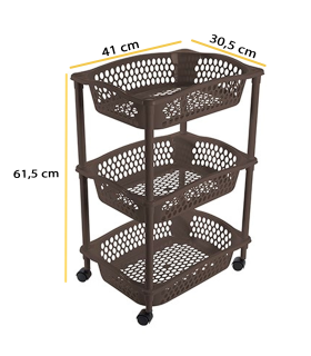 Tradineur - Carrito Verdulero con ruedas - Modelo HG - Fabricado en Plástico - Multiusos para organizar los Espacios domésticos - 3 Cestas - 61,5 x 41 x 30 cm - Color Marrón