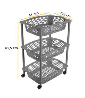 Tradineur - Carrito Verdulero con ruedas - Modelo HG - Fabricado en Plástico - Multiusos para organizar los Espacios domésticos - 3 Cestas - 61,5 x 41 x 30 cm - Color Gris