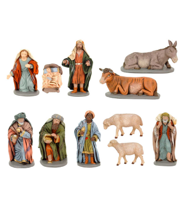 Tradineur - Set básico de figuras de belén navideño 10 cm, 11 piezas, marmolina, figuras decorativas nacimiento Jesús, Virgen María, José, reyes magos, pesebre, navidad, decoración tradicional