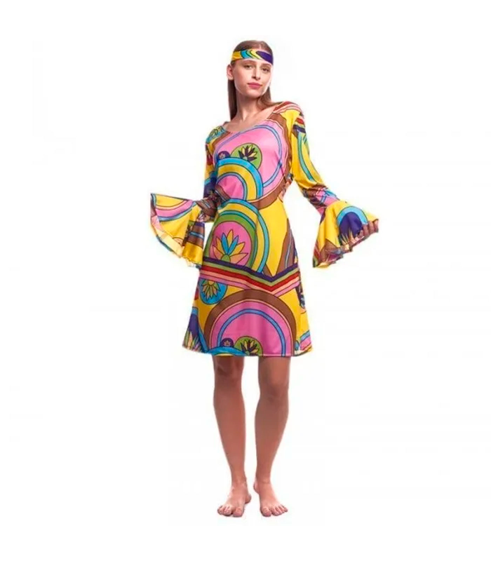 Tradineur - Disfraz de hippie chica para adulto, poliéster, incluye vestido y diadema, atuendo de carnaval, Halloween, cosplay (Mujer, Talla S)