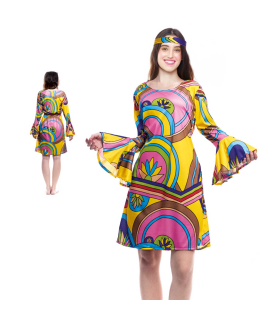 Tradineur - Disfraz de hippie chica para adulto, poliéster, incluye vestido y diadema, atuendo de carnaval, Halloween, cosplay (Mujer, Talla S)