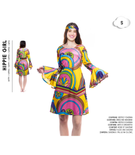 Tradineur - Disfraz de hippie chica para adulto, poliéster, incluye vestido y diadema, atuendo de carnaval, Halloween, cosplay (Mujer, Talla S)