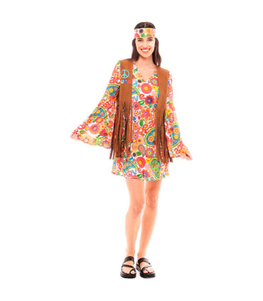 Tradineur - Disfraz de hippie woman para adulto, poliéster, incluye vestido, chaleco y cinta de pelo, atuendo de carnaval, Halloween, cosplay (Mujer, Talla S)