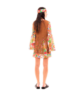 Tradineur - Disfraz de hippie woman para adulto, poliéster, incluye vestido, chaleco y cinta de pelo, atuendo de carnaval, Halloween, cosplay (Mujer, Talla S)