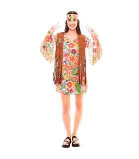 Tradineur - Disfraz de hippie woman para adulto, poliéster 100%, incluye vestido, chaleco y cinta de pelo, atuendo de carnaval, Halloween, cosplay (Mujer, Talla L)