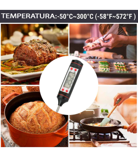 Tradineur - Termómetro digital de cocina con sonda de acero inoxidable, pantalla LCD, funciona con pila, apagado automático, alimentos, agua, 23,5 cm