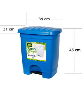 Tradineur - Cubo de basura de plástico con pedal y con 1 compartimento, contenedor de residuos, papelera, cocina, fabricado en España (Azul, 35 litros, 45 x 39 x 31 cm)