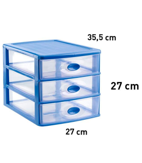 Tradineur - Cajonera de sobremesa de plástico Loira, 3 cajones transparentes, torre almacenaje multiusos, oficina, baño, fabricada en España (Azul, 27 x 27 x 35,5 cm)