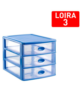 Tradineur - Cajonera de sobremesa de plástico Loira, 3 cajones transparentes, torre almacenaje multiusos, oficina, baño, fabricada en España (Azul, 27 x 27 x 35,5 cm)