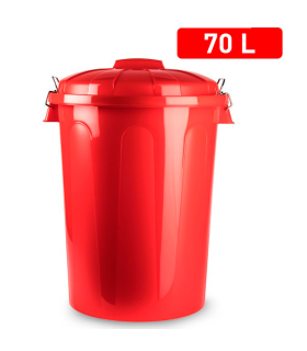 Tradineur - Cubo de basura con asas metálicas y tapa, plástico resistente, contenedor de residuos, papelera, reciclaje, industrial, hogar, fabricado en España (Rojo, 70 litros)