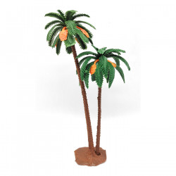 Tradineur - Palmera doble decorativa 23 cm, resina, árbol artificial en miniatura para crear escenarios decorativos, mesa, estan