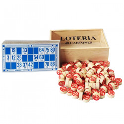 Tradineur - Juego de lotería/bingo de madera, incluye 48 cartones y 90 fichas de números, juego de mesa tradicional, caja y fich