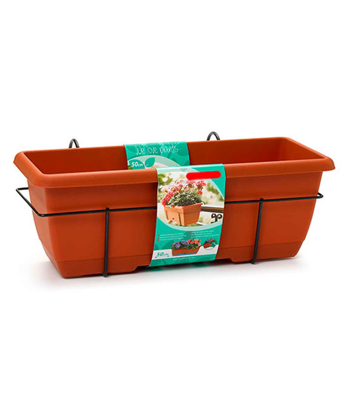 Tradineur - Jardinera para balcón con plato integrado y soporte metálico - Fabricado en plástico - Capacidad de 10 L - 17 x 50 x 19,5 cm - Color Marrón