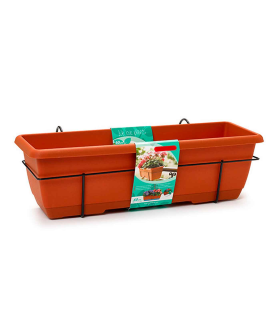 Tradineur - Jardinera para balcón con plato integrado y soporte metálico - Fabricado en plástico - Capacidad de 12 L - 17 x 60 x 19,5 cm - Color Marrón