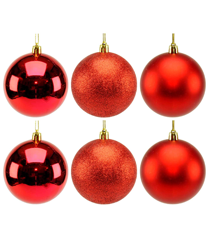 Tradineur - Set de 6 Bolas para árbol navideño - Fabricado en plástico - Decoración para temporada navideña - Ø 8 cm - Color Rojo