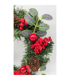 Tradineur - Corona de navidad con piñas y racimos de bayas rojas, guirnalda decorativa artificial, adorno colgante para puerta, pared, mesa, Ø 27 cm