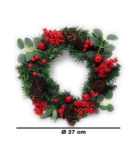 Tradineur - Corona de navidad con piñas y racimos de bayas rojas, guirnalda decorativa artificial, adorno colgante para puerta, pared, mesa, Ø 27 cm