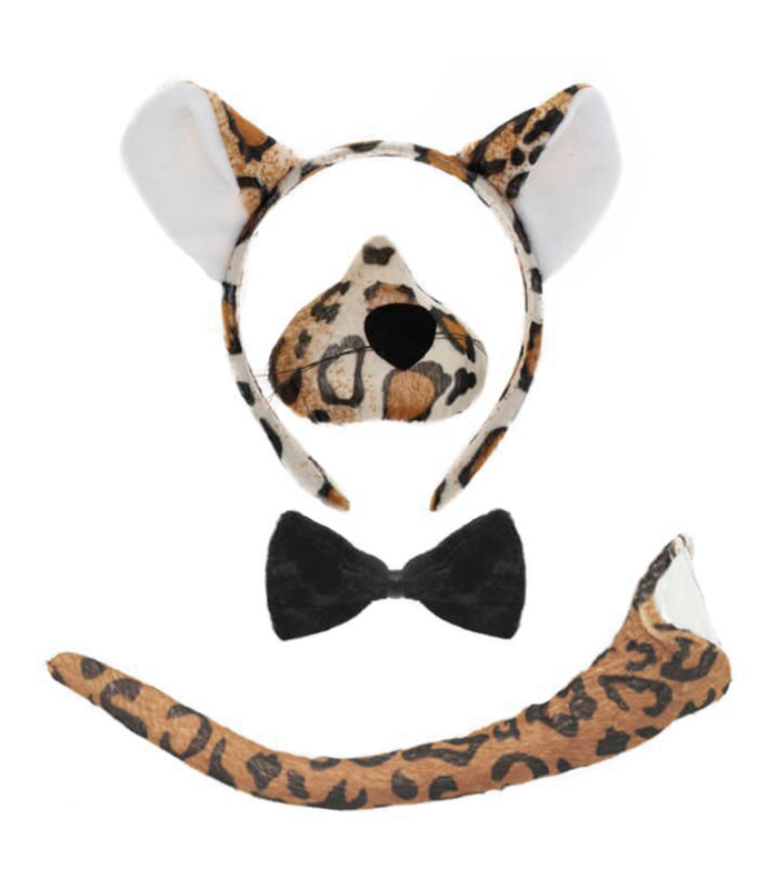 Tradineur - Set de leopardo, 4 piezas, poliéster, incluye diadema, nariz, pajarita y cola, accesorios para disfraces, carnaval, Halloween, cosplay (Adulto - Talla única)