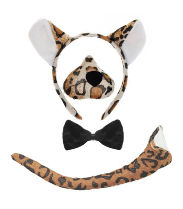 Tradineur - Set de leopardo, 4 piezas, poliéster, incluye diadema, nariz, pajarita y cola, accesorios para disfraces, carnaval, Halloween, cosplay (Adulto - Talla única)