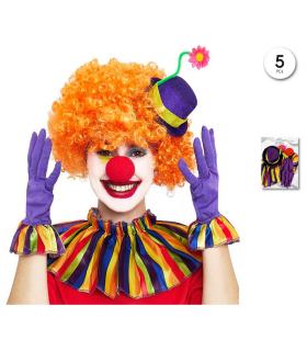 Tradineur - Set de payaso, 5 piezas, poliéster, incluye mini sombrero, nariz, collarín y guantes, accesorios para disfraces, circo, carnaval, Halloween, cosplay (Adulto unisex - Talla única)