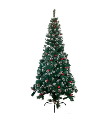 Tradineur - Árbol de Navidad con piñas y bayas, pino artificial verde con puntas blancas, estructura de plástico y metal revestido, robusto y duradero, fácil montaje, 180 cm