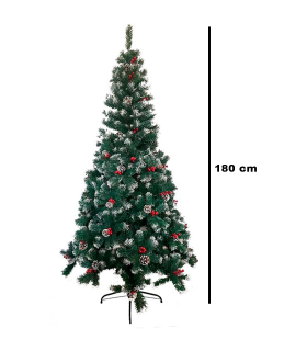 Tradineur - Árbol de Navidad con piñas y bayas, pino artificial verde con puntas blancas, estructura de plástico y metal revestido, robusto y duradero, fácil montaje, 180 cm