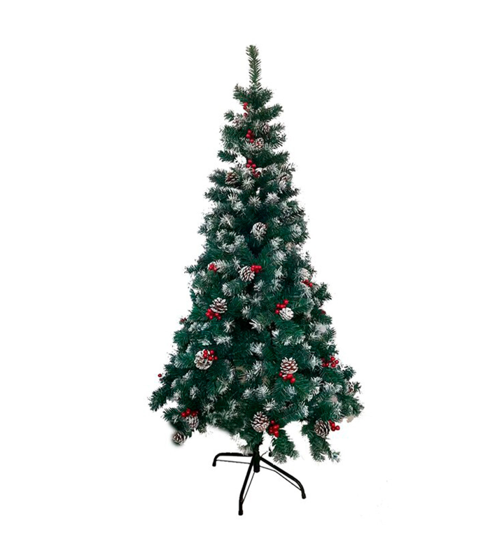 Tradineur - Árbol de Navidad con piñas y bayas, pino artificial verde con puntas blancas, estructura de plástico y metal revestido, robusto y duradero, fácil montaje, 150 cm