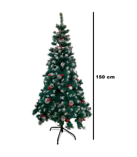 Tradineur - Árbol de Navidad con piñas y bayas, pino artificial verde con puntas blancas, estructura de plástico y metal revestido, robusto y duradero, fácil montaje, 150 cm