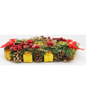 Tradineur - Portavelas de navidad con piñas, espumillón y frutos del bosque, adorno artificial para centros de mesa, estanterías, 36 x 15 x 6,5 cm