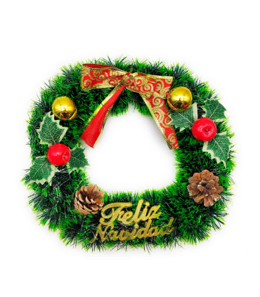 Tradineur - Corona de navidad con piñas "Feliz Navidad", espumillón, guirnalda decorativa artificial, adorno colgante para puerta, pared, mesa, Ø 30 cm