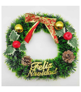 Tradineur - Corona de navidad con piñas "Feliz Navidad", espumillón, guirnalda decorativa artificial, adorno colgante para puerta, pared, mesa, Ø 30 cm