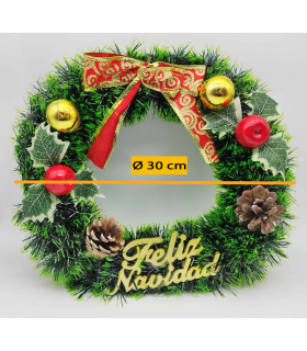 Tradineur - Corona de navidad con piñas "Feliz Navidad", espumillón, guirnalda decorativa artificial, adorno colgante para puerta, pared, mesa, Ø 30 cm