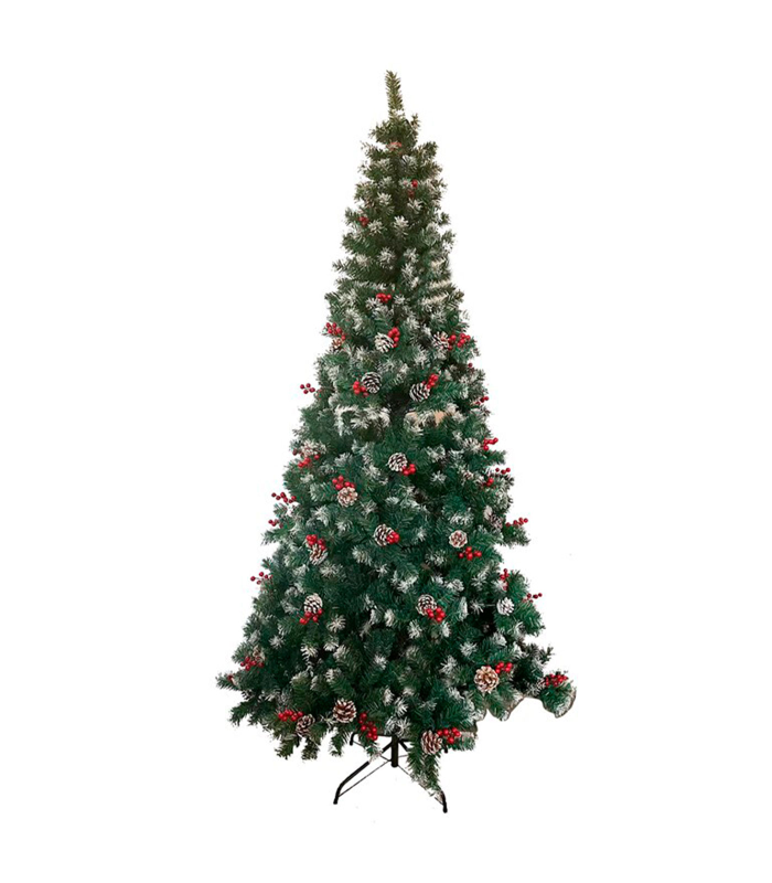 Tradineur - Árbol de Navidad con piñas y bayas, pino artificial verde con puntas blancas, estructura de plástico y metal revestido, robusto y duradero, fácil montaje, 210 cm