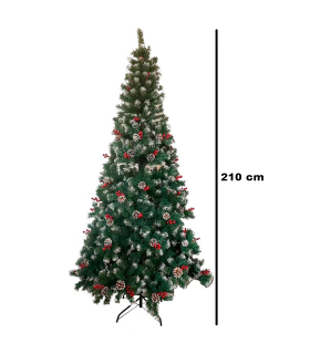 Tradineur - Árbol de Navidad con piñas y bayas, pino artificial verde con puntas blancas, estructura de plástico y metal revestido, robusto y duradero, fácil montaje, 210 cm