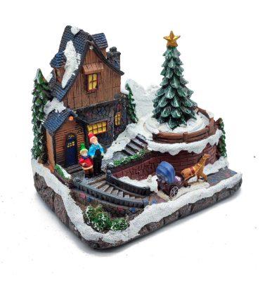 Tradineur - Casa navideña decorativa con luces LED - Fabricado en resina - casita de navidad nevada con figuras a pilas - 15 x 17,5 x 11 cm