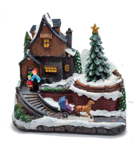 Tradineur - Casa navideña decorativa con luces LED - Fabricado en resina - casita de navidad nevada con figuras a pilas - 15 x 17,5 x 11 cm