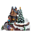 Tradineur - Casa navideña decorativa con luces LED - Fabricado en resina - casita de navidad nevada con figuras a pilas - 15 x 17,5 x 11 cm