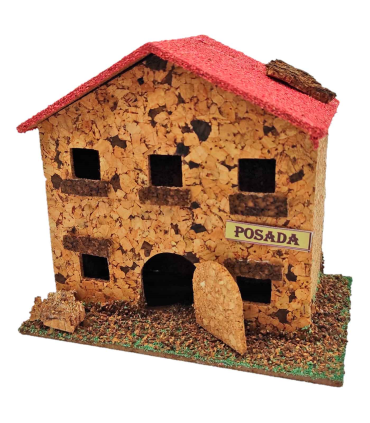 Tradineur - Posada de corcho para Belén, casa, taberna decorativa para nacimiento, pesebre, adorno artesano, tradicional, Navidad - 12,4 x 14,2 x 9,1 cm