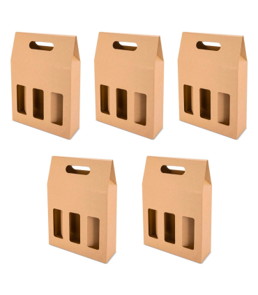 Tradineur - Pack de 5 cajas de cartón con ventanas, aptas para 3 botellas de vino, incluyen asa, guardar, regalar, envolver champán, Navidad, 41 x 27 x 9 cm