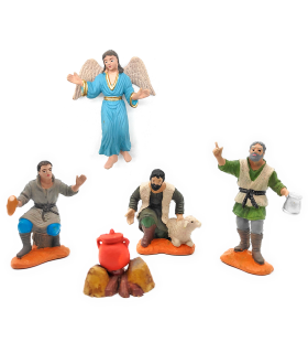 Tradineur - Set de 5 figuras para belén navideño anunciación 8 cm, durexina, figuras decorativas nacimiento, campesinos, ángel, fogata, pesebre, navidad, decoración tradicional